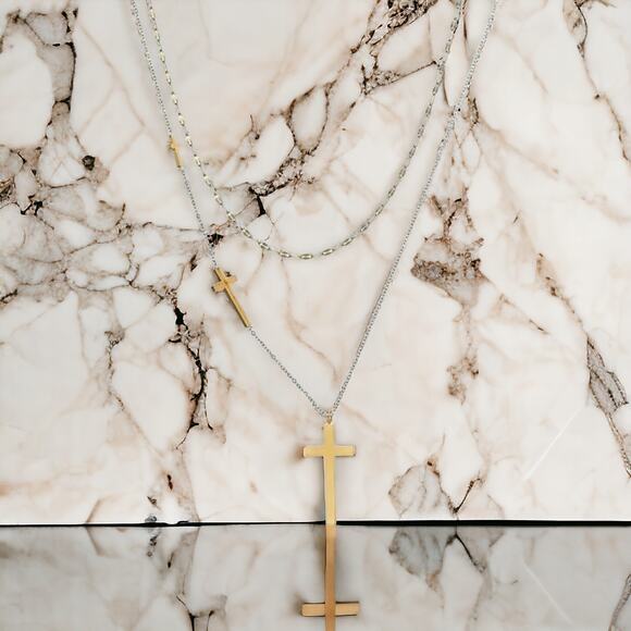 18K yellow gold plated triple cross double layer necklace jewelry B20 - Picture 3 of 6